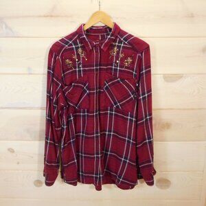 Express Women's XL Boyfriend Shirt Red Plaid Beaded Flannel Top Button Front